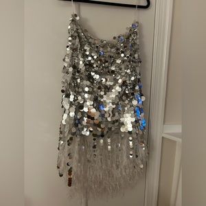 ASOS EDITION paillette silver sequin midi skirt with faux feather hem in white